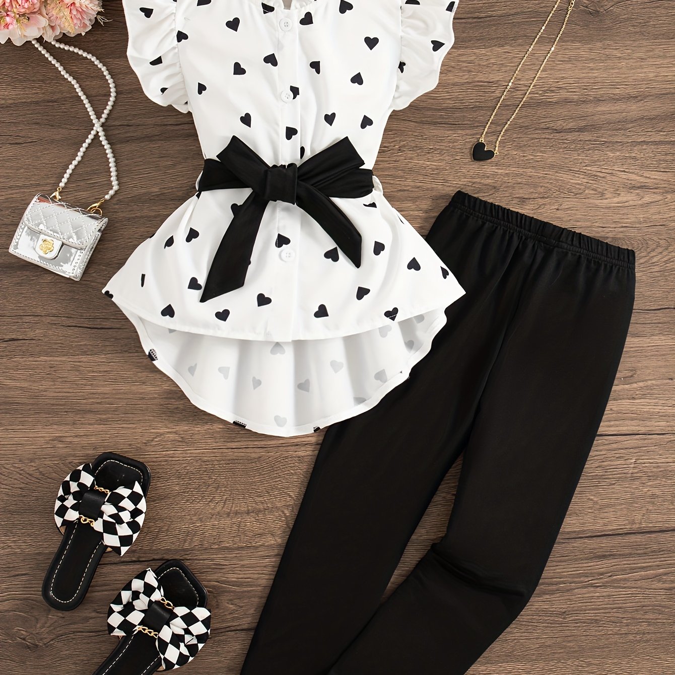 2pcs Girls Heart Graphic Ruffle Trim Top With Bow Belt + Solid Pants Set Summer Gift For Urban Wear Outdoor