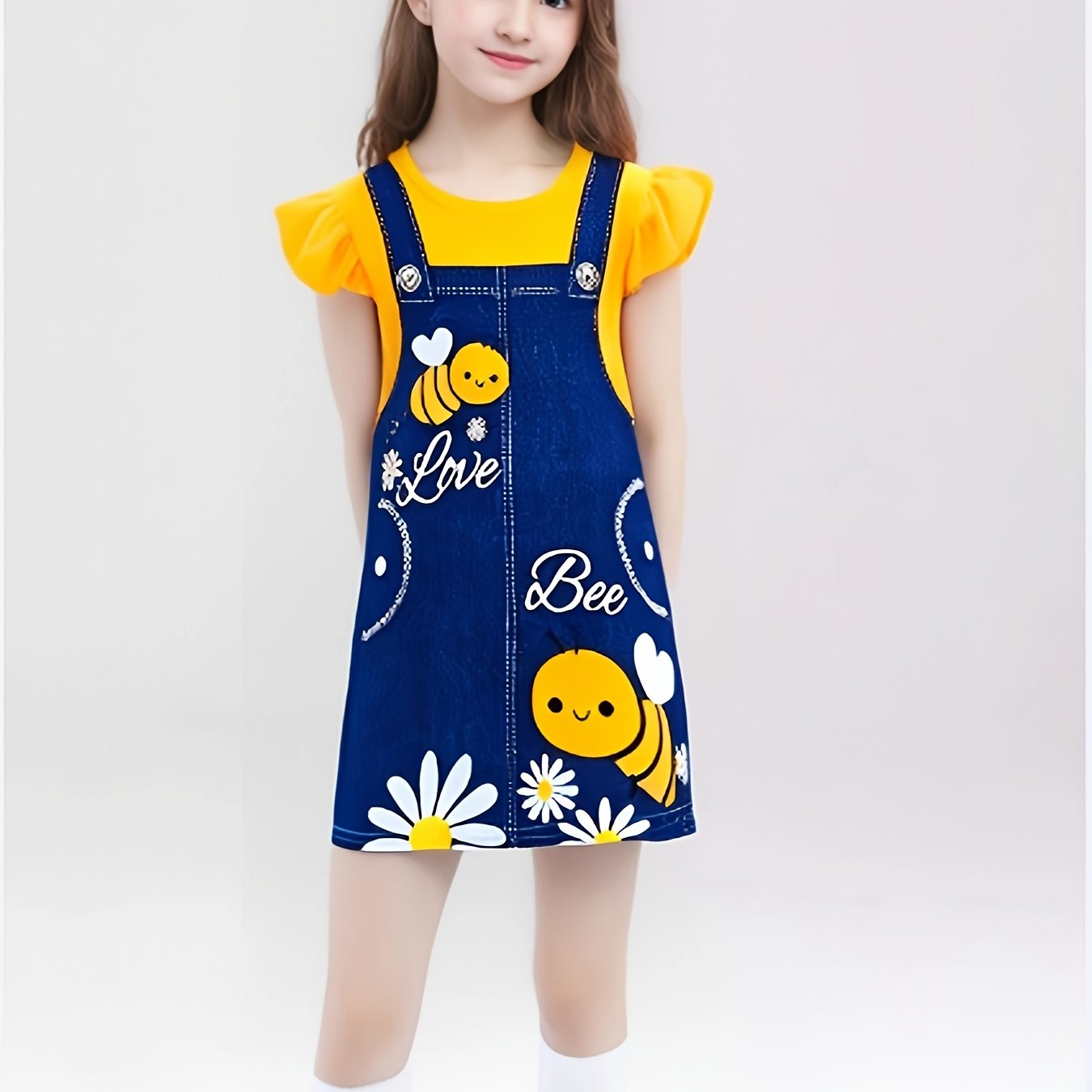 Adorable Girls' Summer Dress - Yellow Flying Sleeve Top with Cute Bee & Floral Print, Imitation Denim Casual Straight Skirt, Knee-Length, Easy-Care Polyester Blend, Two-piece, Digital Print