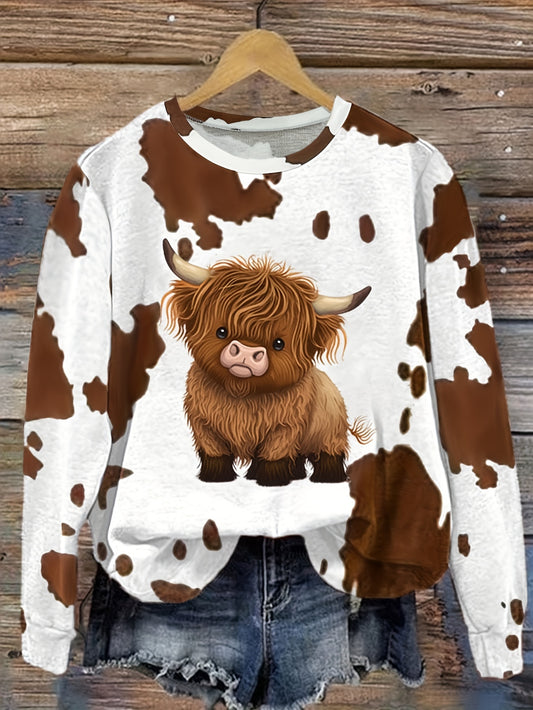 Vintage Style Highland Cow Print Sweatshirt for Women - Polyester Knit Fabric, Casual Round Neck Hoodie with Animal Pattern, Fall/Winter Collection