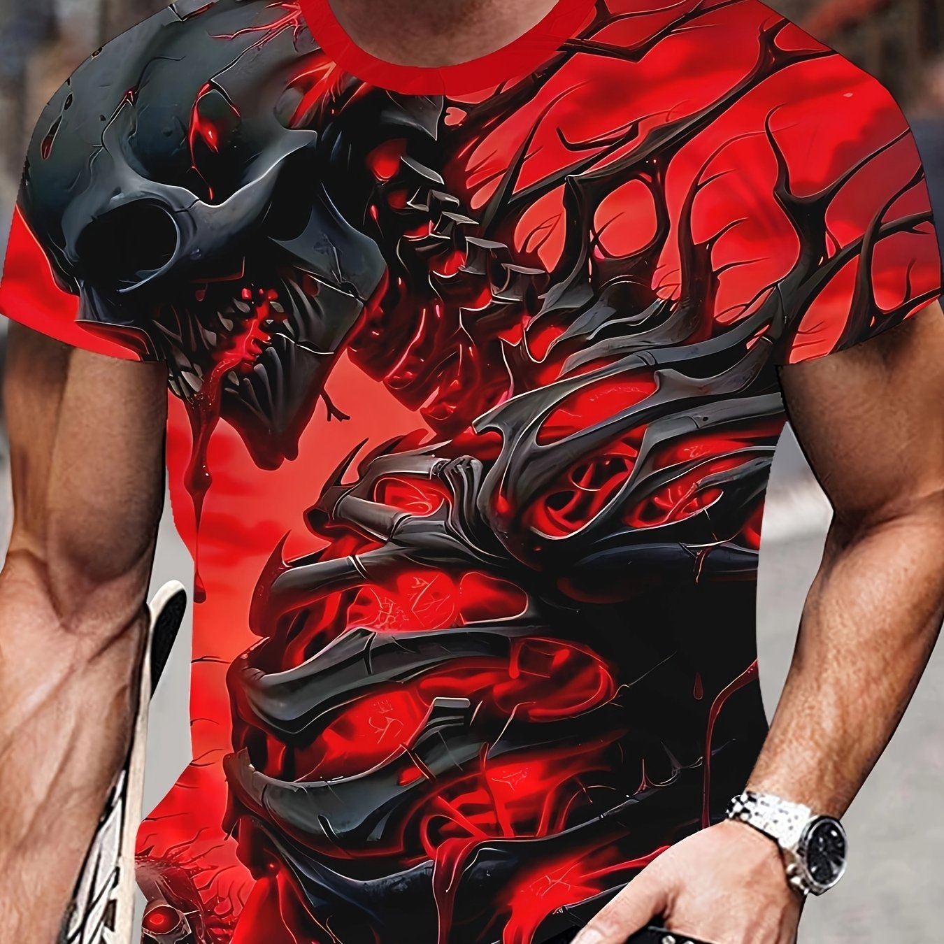 Men's 3D Skull Print T-Shirt, Casual Crew Neck Short Sleeve Tee, 100% Polyester Knit Fabric, Regular Fit Fashion Top