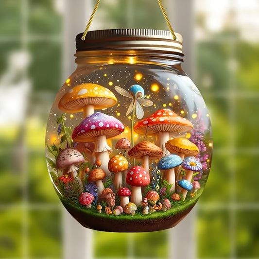 Pastoral-Themed Acrylic Mushroom World Sun Catcher - Mason Jar Design for Bedroom, Living Room and Garden Decor, Contemporary Style, Washable, Battery-Free Operation