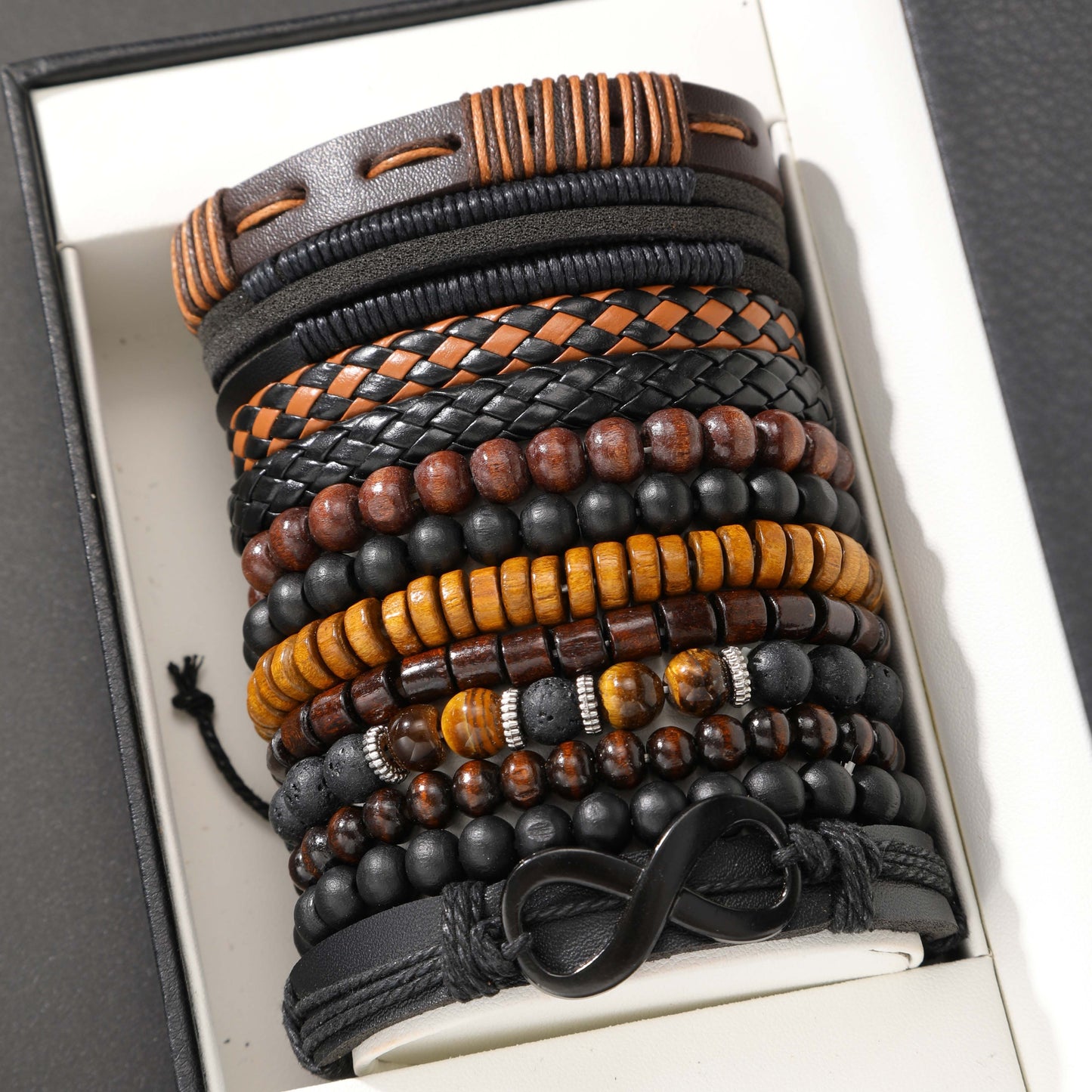 12pcs Vintage Men'S Bracelet Set - Braided Leather, Tiger Eye & Moonstone Beads, Synthetic Fiber Rope, Fashion Jewelry for Casual & Party Wear