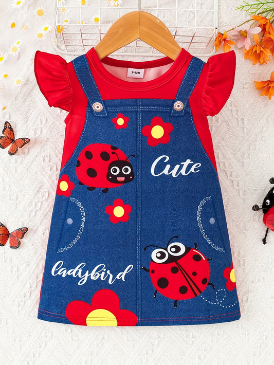 Girls' Casual Floral and Insect Print Dress - Polyester and Elastane, Machine Washable, Spring/Autumn