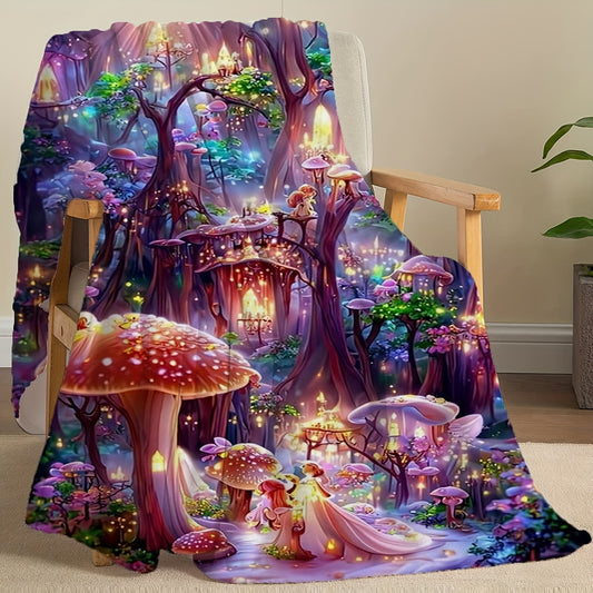 Whimsical Fantasy Mushroom Castle Throw Blanket - Soft, Reversible, and Vibrant Polyester Knit Bedding with Unique Embellishments, All-Season Multipurpose Design, and Flower Patterned Reverse Side