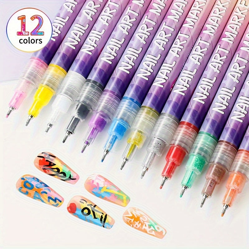 1set Nail Doodle Pen, 12-color Acrylic Paint Pen, Nail Paint DIY Quick Drying Dot Stitching Pen, Precision 3D Doodle Nail Art Pen, Nail Art Pen Set, Quick Drying, Suitable For Home And Salon DIY, Professional Details And Long