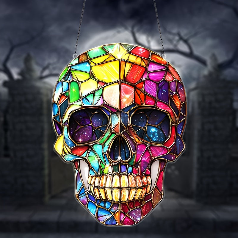 Sugar Skull Acrylic Sun Catcher - 8"x6" Stained Glass-Style Hanging Decor for Home, Garden, and Party - Perfect for Day of the Dead & Holiday Celebrations