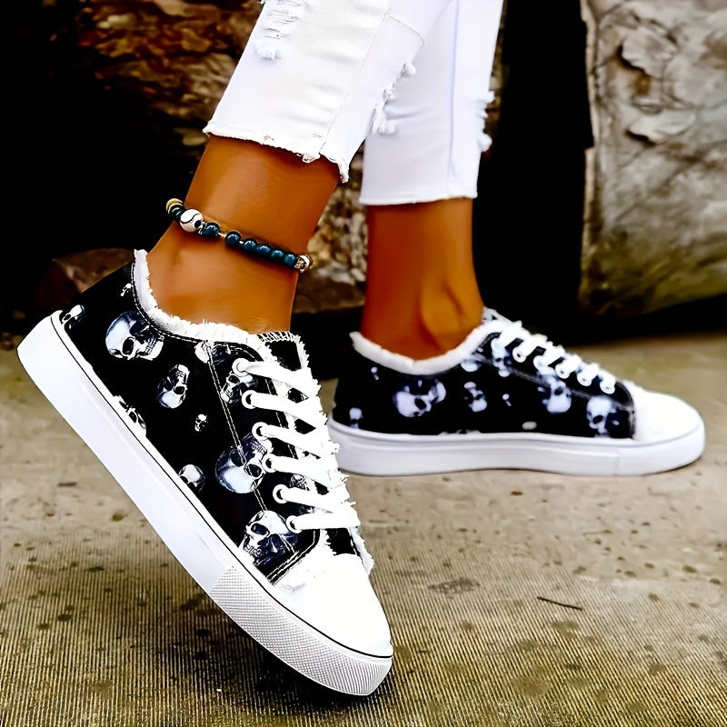 Plus Size Women's Lightweight Canvas Halloween Skull Print Low Top Sneakers, Casual Lace Up Outdoor Shoes