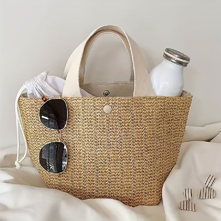 1pc Bohemian Style Large Woven Tote Bag - White Durable Fabric Roomy Beach Bag with Magnetic Closure, Polyester Lining for Outdoor Camping, Summer Adventures & Women's Fashion, Camping Gear Bag | Natural Fashion Tote | Woven
