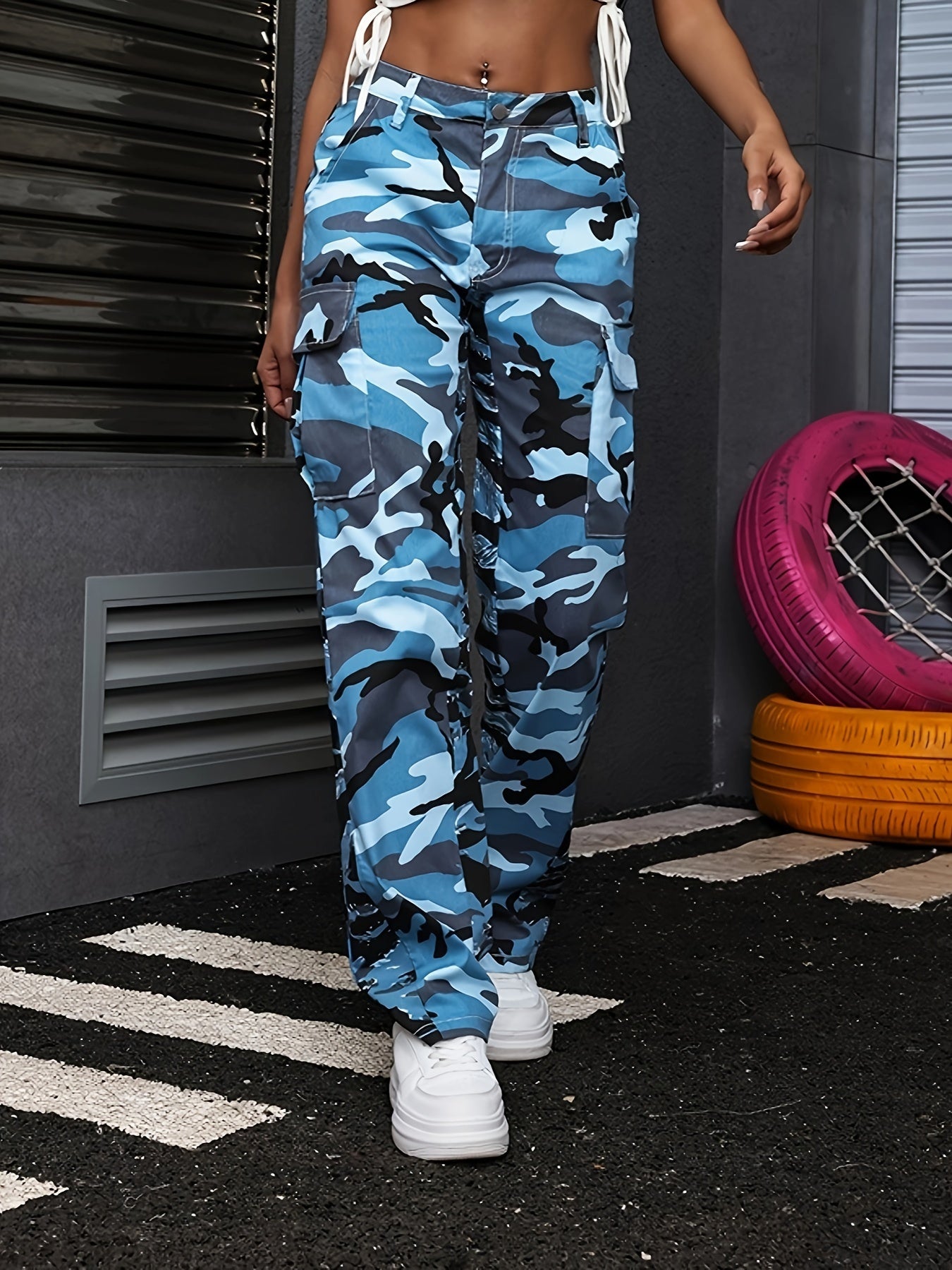 Women's Stretchy Camouflage Cargo Pants, Street Style, Elastic Waistband, Multiple Pockets, Fashionable Outdoor Trousers