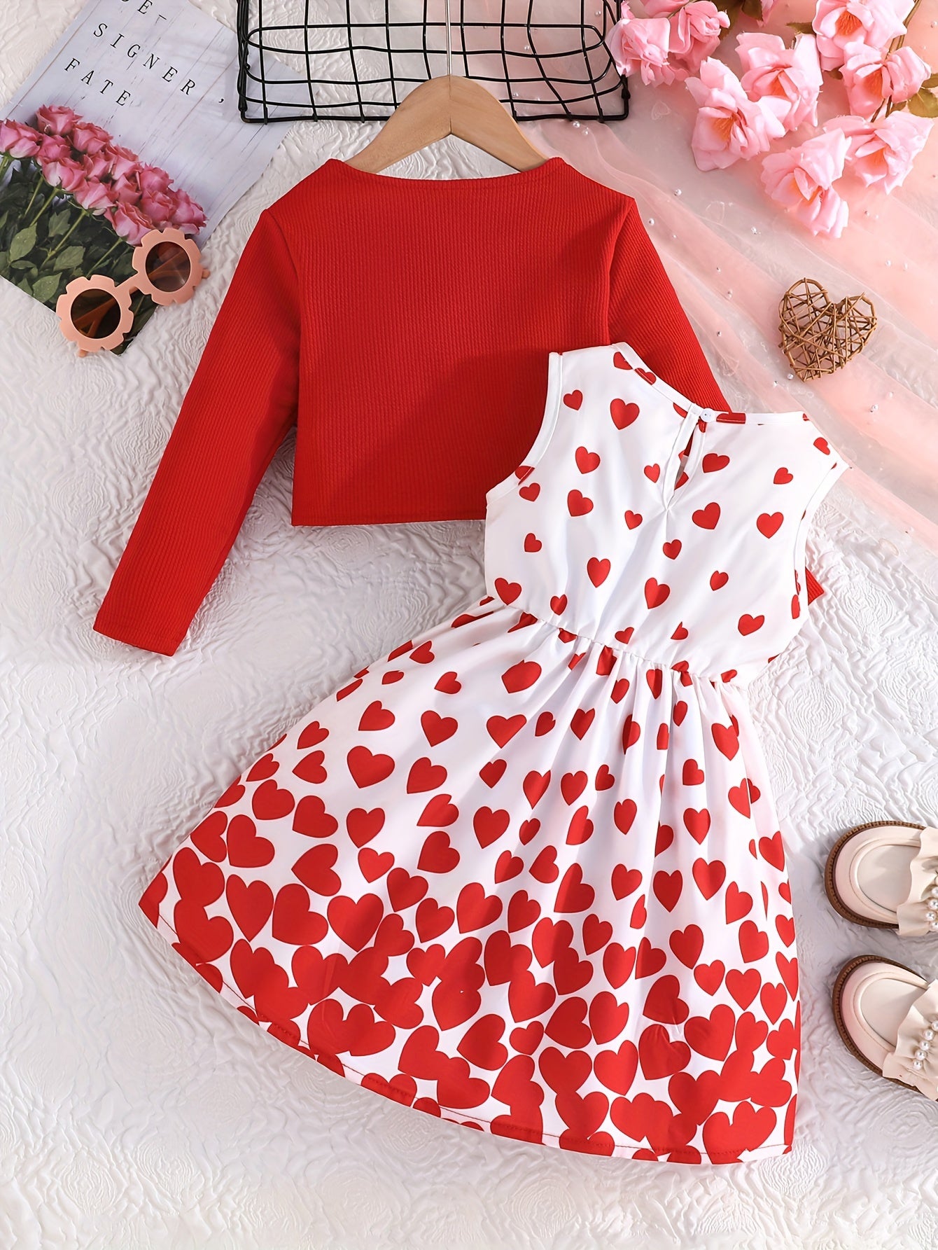 Romantic Cute 2pcs Long-sleeved Cardigan Jacket + Sleeveless Bow Sundress Set for Girls - Sweet Stylish Valentine's Day Outfit