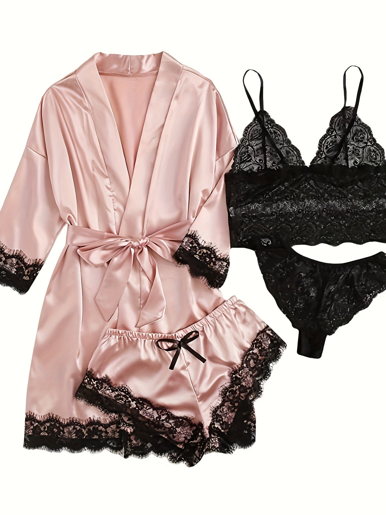 Women' Silk Satin Pajamas Set 4pcs Lingerie Floral Lace Cami Sleepwear with Robe Four-piece Pajamas Sexy Plus Size Robe Overall Dress Set Homewear