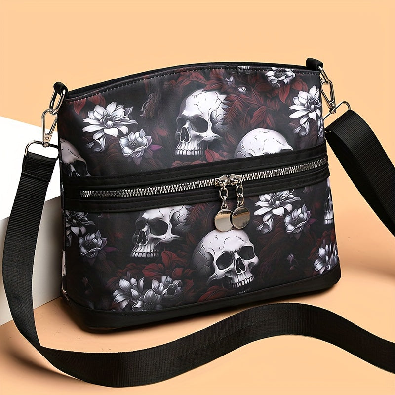 Vibrant Gothic Floral Skull Crossbody Bag - Women's Punk Style Shoulder Bag for Daily Commuter and Work with Adjustable Strap, Multi-Functional Travel Purse, Spacious Interior, and Stylish Design