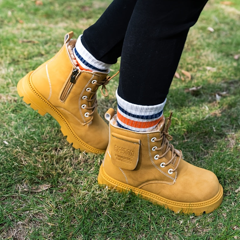 Boys' Fashionable And Cool Boots With Fleece Lining, Zipper, Comfortable And Non-slip, Suitable For Indoor And Outdoor Travel In Autumn And Winter.