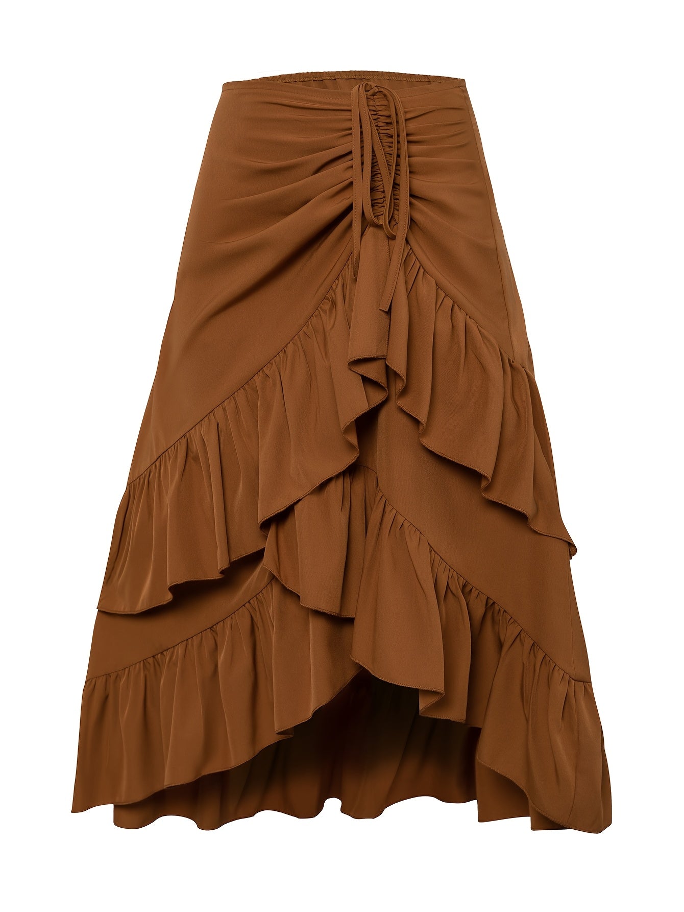 Elegant Ruffle Hem Drawstring Skirt in Solid Color, Polyester, Machine Washable - All Seasons, Fortune Attracting, Leaf Edge