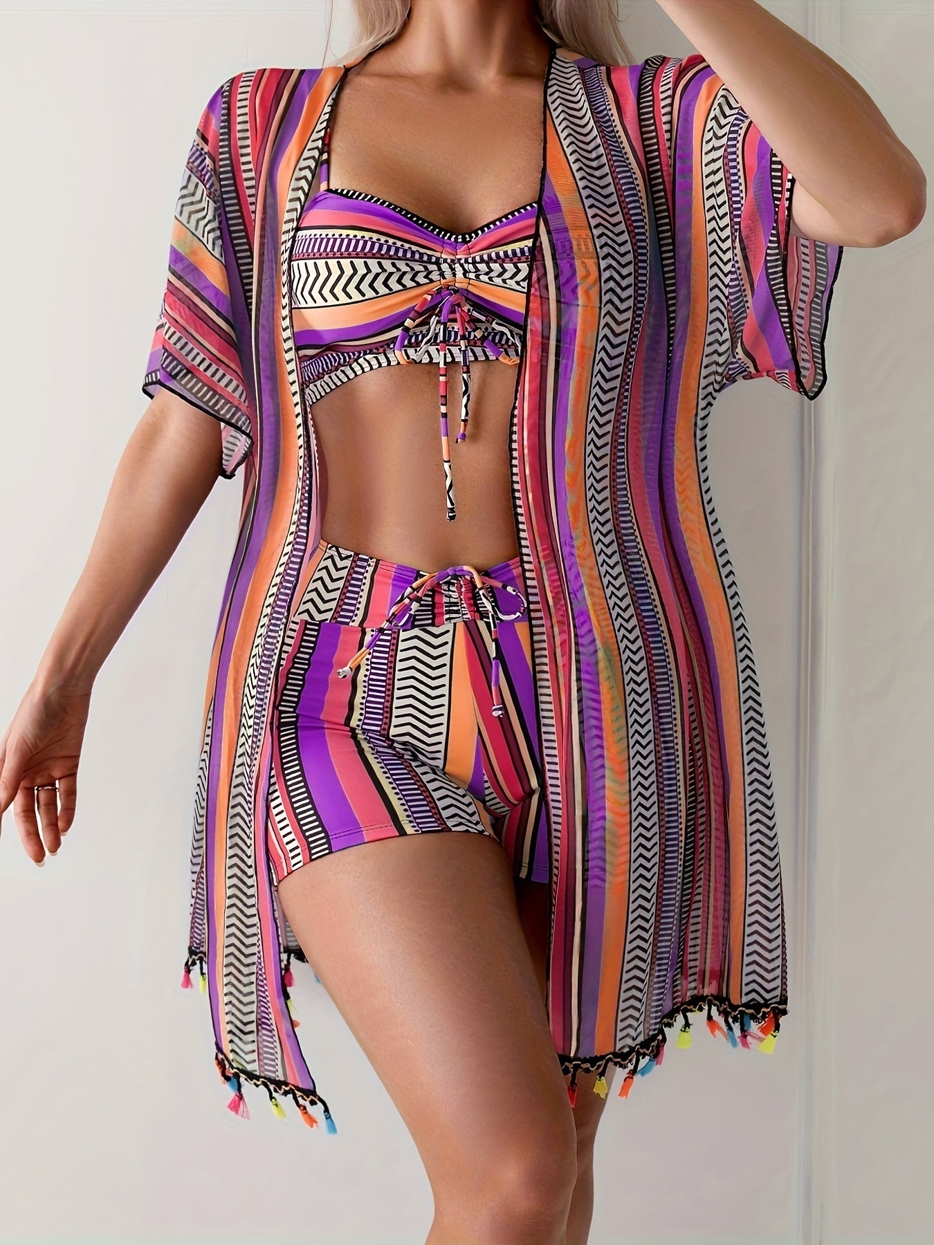 Women's Striped Bikini Swimsuit with Cover-up 3 Piece Set