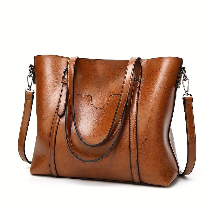 Elegant Brown Waxed Handbag for Women - Chic Single Shoulder Bag with Detachable Strap, Zip Closure & Polished Finish, Purse for Traveling, Ladies Handbag