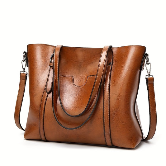 Elegant Brown Waxed Handbag for Women - Chic Single Shoulder Bag with Detachable Strap, Zip Closure & Polished Finish, Purse for Traveling, Ladies Handbag