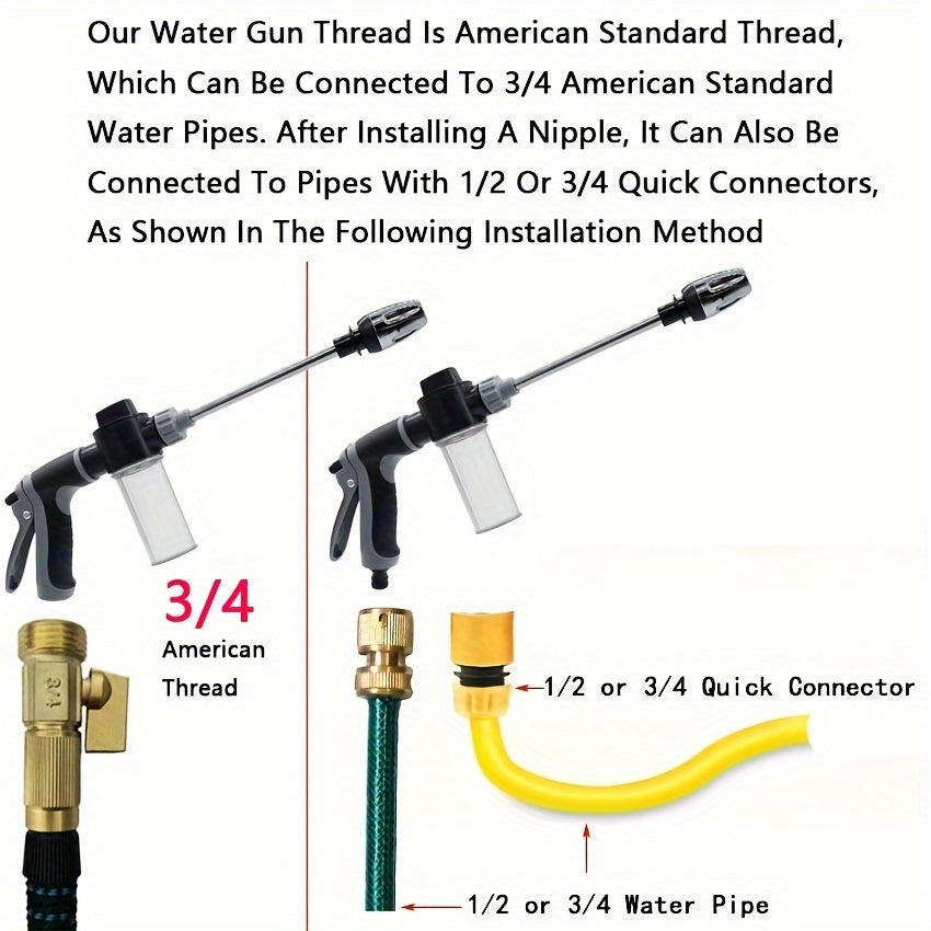 Universal 3/ 4 & 1/ 2 Inch Quick Connect Adapters Car Washing Water Gun - High-Pressure Multi-Purpose Garden Hose Nozzle with Foam Tank - Compact & Adjustable for Cars, Gardens, Pets & Outdoor Cleaning