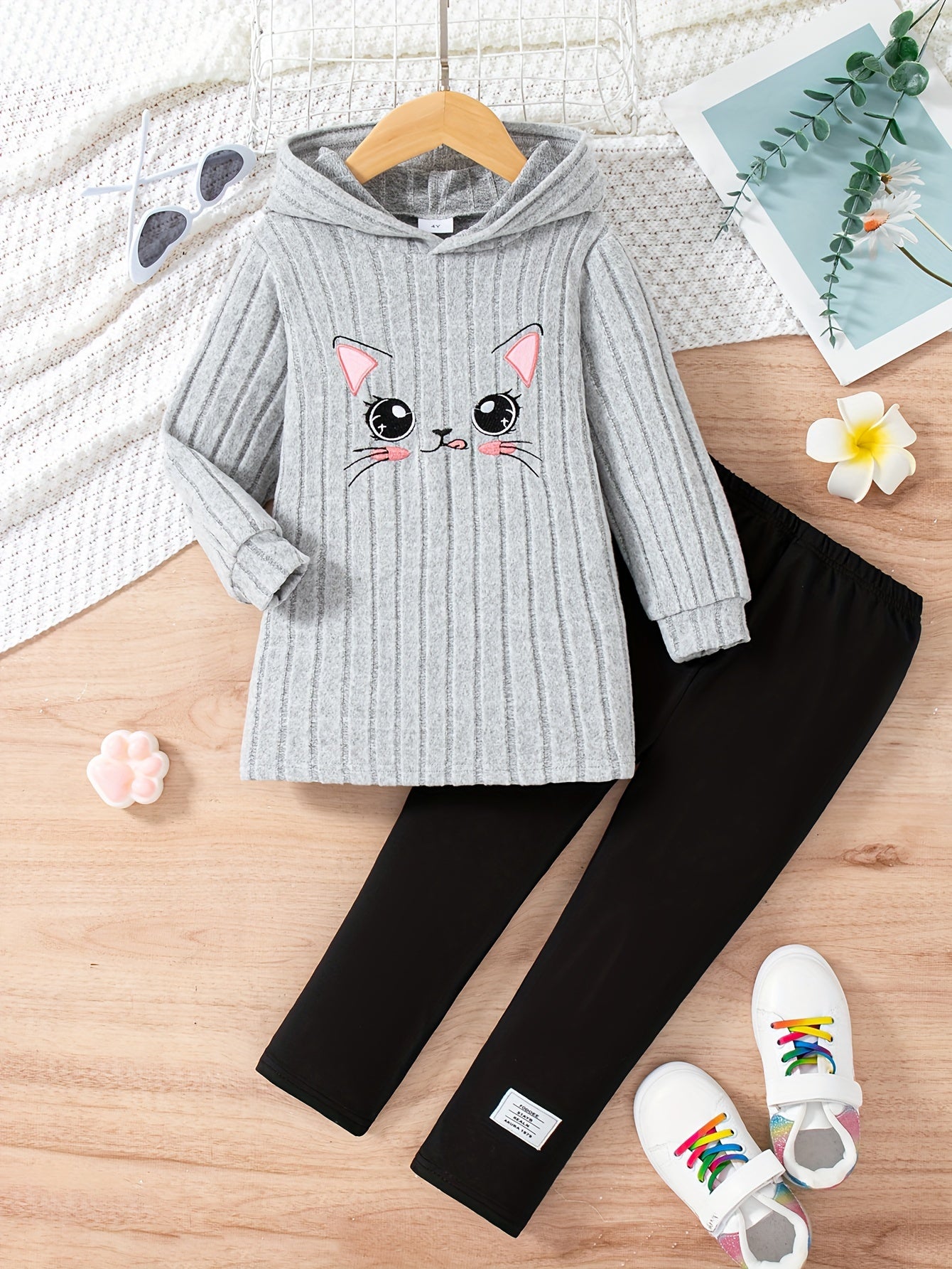 Cartoon Pattern Knit Set For Girls, Long Sleeve Top And Pants, Casual And Comfortable Outfit For Outdoor Activities in Spring And Autumn