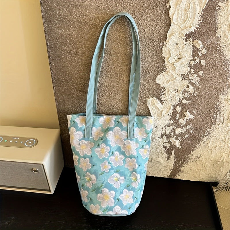Floral Oxford Cloth Bucket Bag for Women - Stylish Summer Handbag with Oil Painting Flower Design, Large Capacity, Green/Blue/Black, Perfect for Casual Outings, Ladies Handbags