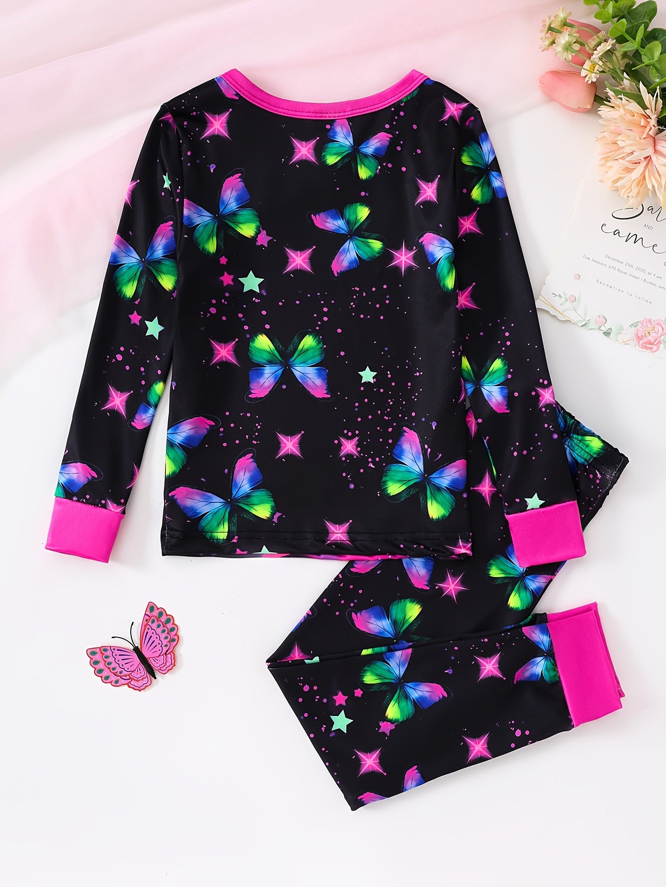 Girls' Starry Night Butterfly Print Pajama Set - Cozy Long Sleeve & Pants, Stretchy Knit Fabric, Machine Washable(uv light shines)