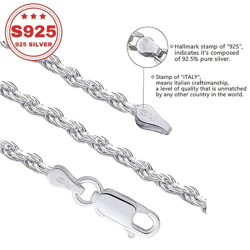 S925 Sterling Silvery Twist Chain Necklace - Classic Italian Style, 4mm Wide, Fashionable & Trendy, Perfect Christmas Gift, 0.6oz