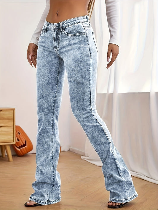 High Stretch Washed Bootcut Jeans, Slant Pockets Casual Denim Trousers, Women's Denim Jeans & Clothing