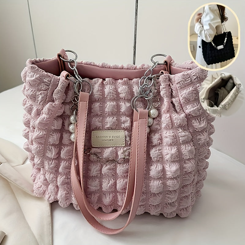 1pc Summer Sweet Clouds Tote Bag, Large Capacity Nylon Shoulder Bag for Women, Soft Handbag with Zipper Closure, 4 Colors (White/Pink/Green/Black), City Theme, Polyester Lining, Perfect for Commuting & Outings