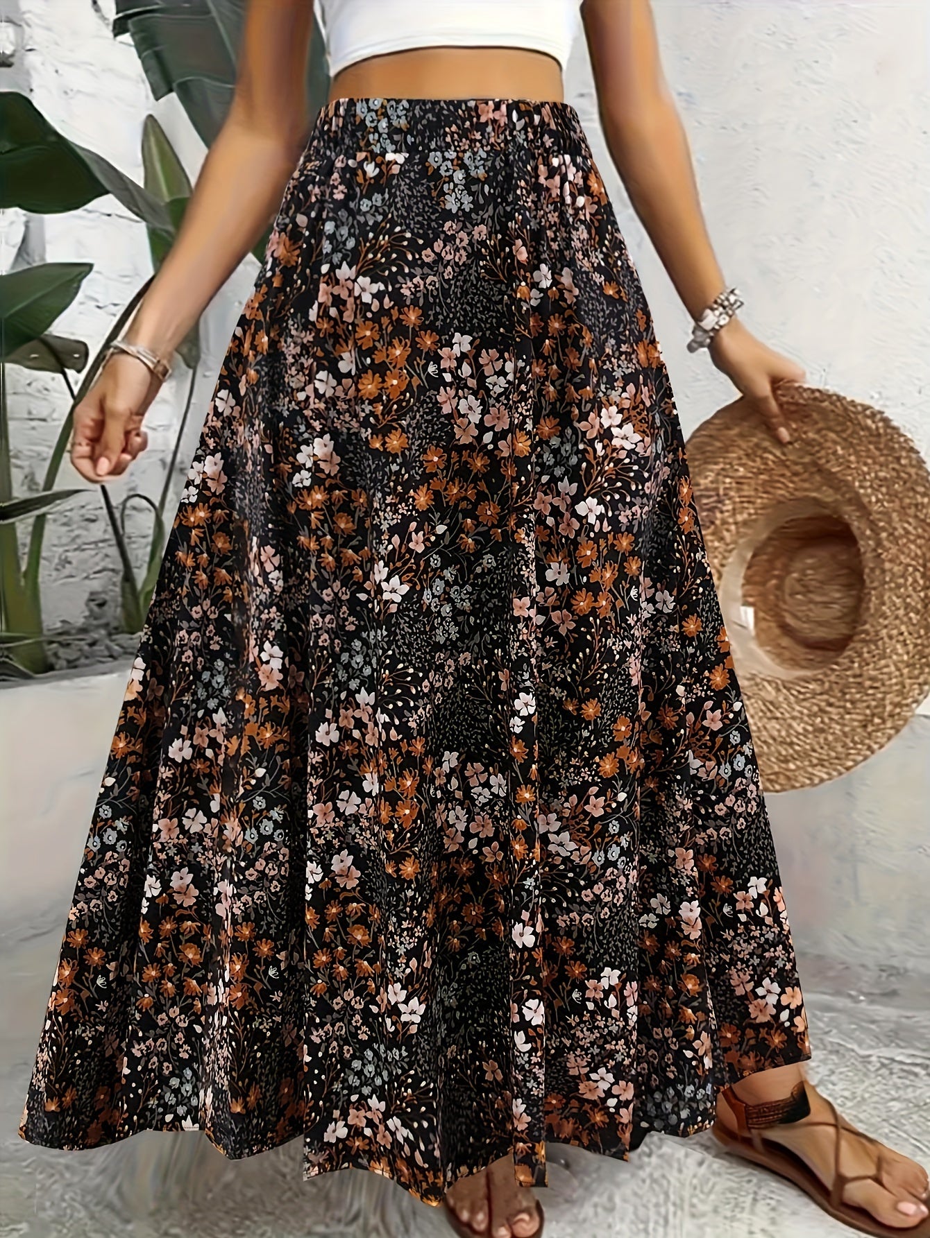 Elegant Temperament Flower Print Gentle Long Skirt