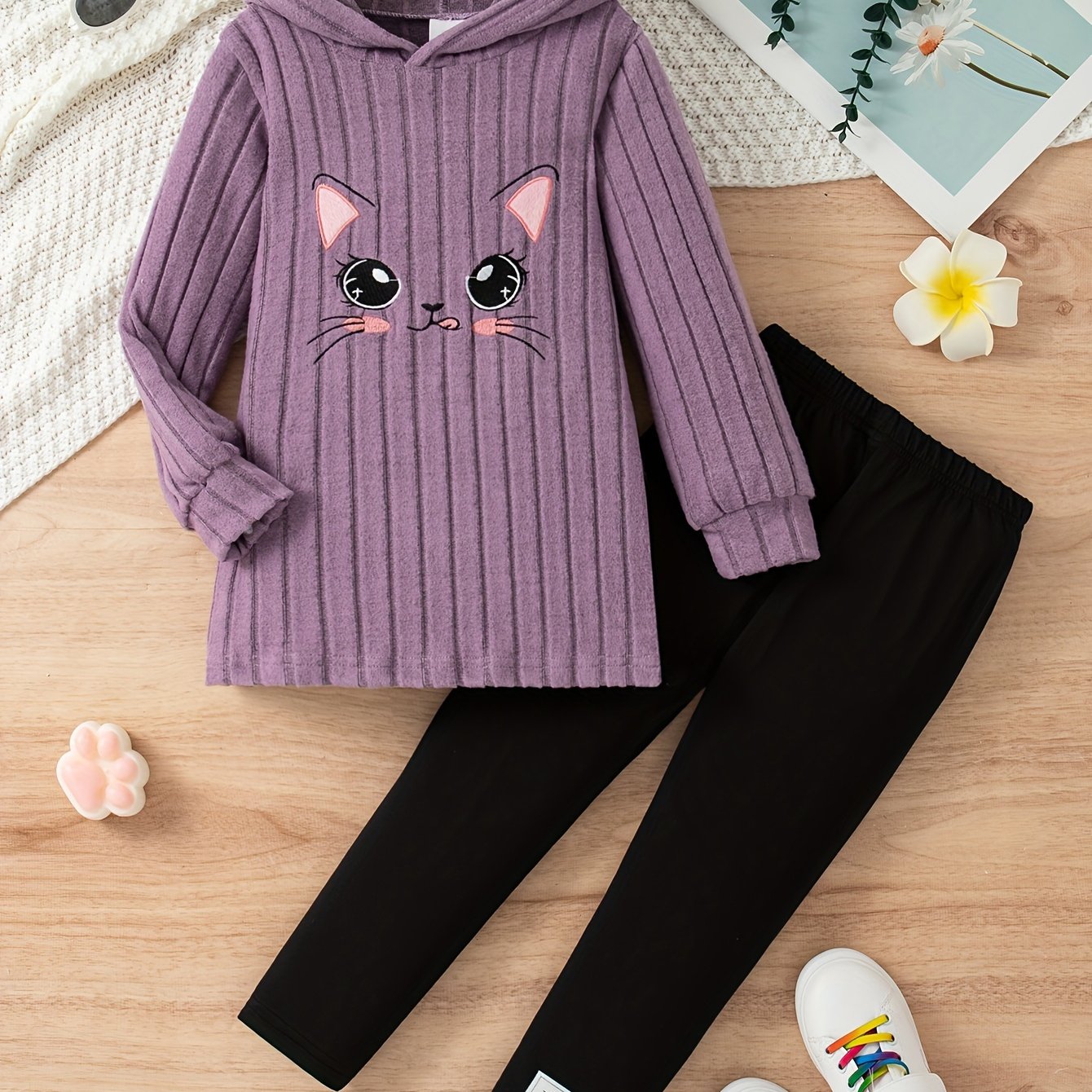 Cartoon Pattern Knit Set For Girls, Long Sleeve Top And Pants, Casual And Comfortable Outfit For Outdoor Activities in Spring And Autumn