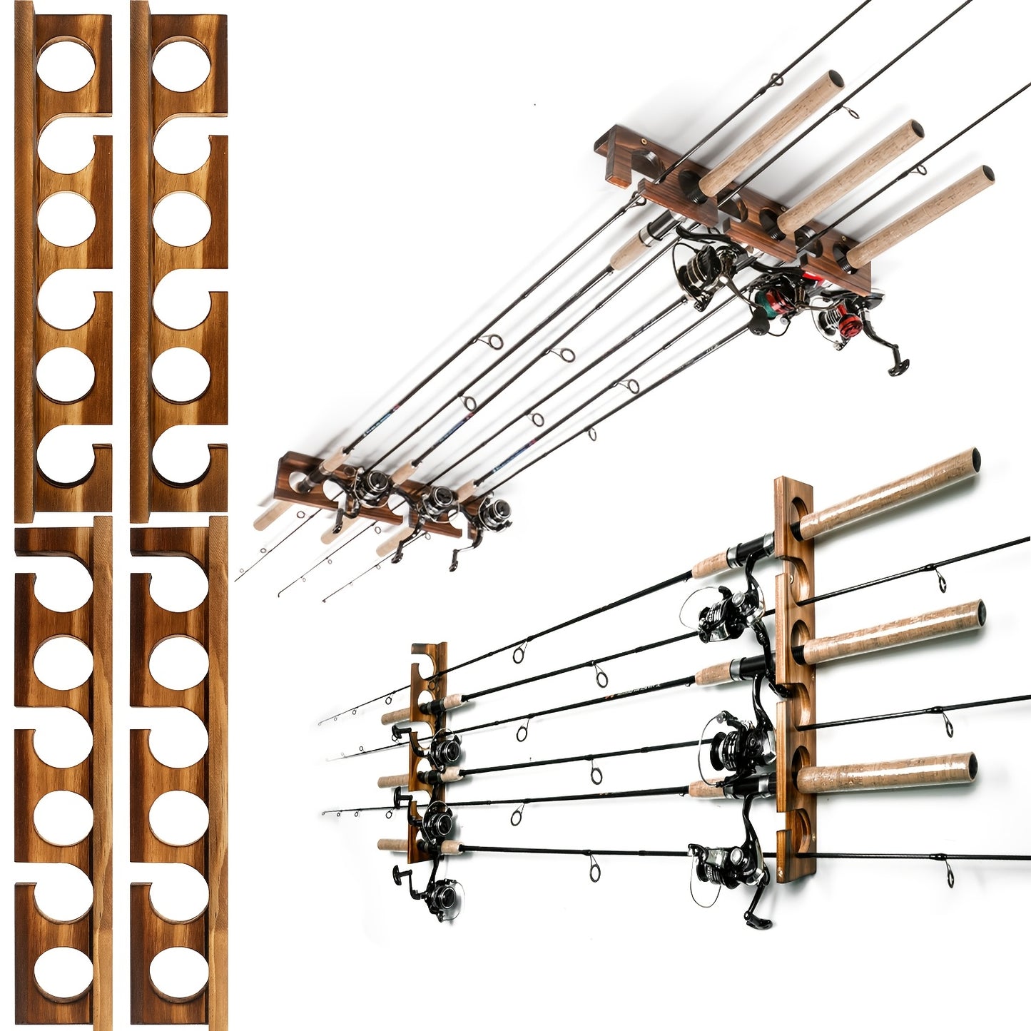 Ghosthorn Premium Wooden Fishing Rod Rack - Holds 12 Rods, Wall/Ceiling Mounted, Ideal for Garage Storage & Organization, Perfect Gift for Anglers on Christmas, Father's Day, Valentine's - Sleek Brown, Fishing Rod Storage