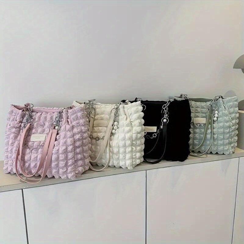 1pc Summer Sweet Clouds Tote Bag, Large Capacity Nylon Shoulder Bag for Women, Soft Handbag with Zipper Closure, 4 Colors (White/Pink/Green/Black), City Theme, Polyester Lining, Perfect for Commuting & Outings