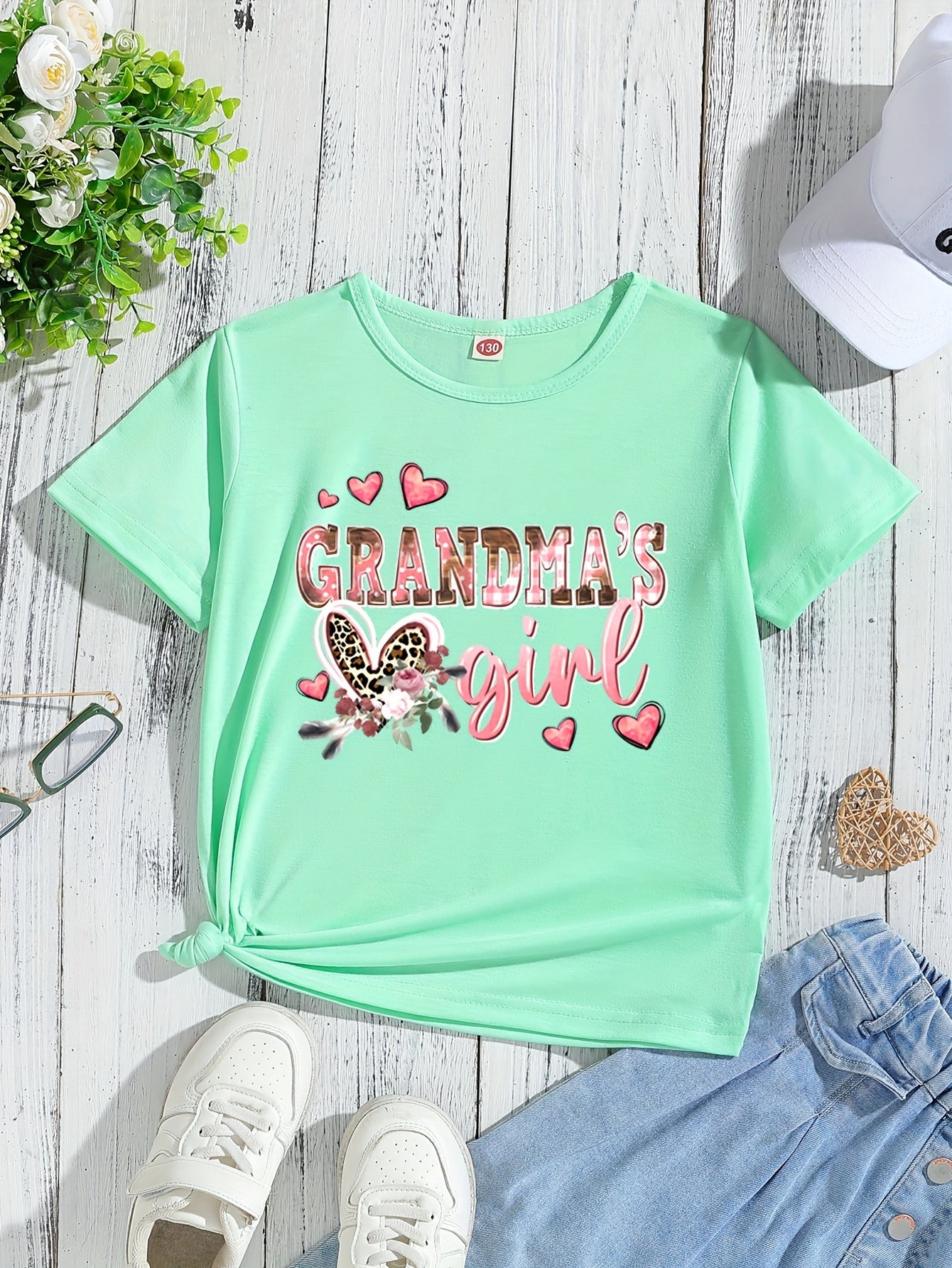 Adorable "Grandma's Girl" Pink T-Shirt for Girls - Soft & Stretchy Polyester Crew Neck Short Sleeve Tee with Heart & Butterfly Accents, Perfect for Summer, Girls Shirts