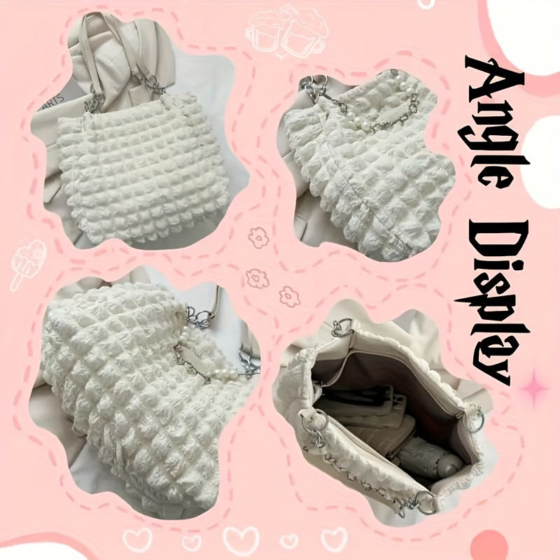 1pc Summer Sweet Clouds Tote Bag, Large Capacity Nylon Shoulder Bag for Women, Soft Handbag with Zipper Closure, 4 Colors (White/Pink/Green/Black), City Theme, Polyester Lining, Perfect for Commuting & Outings