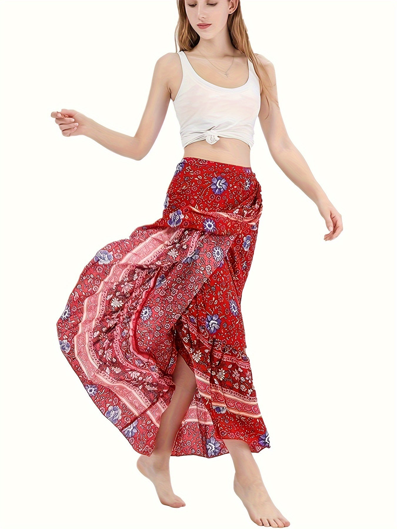 [Boho Print Maxi Skirt] High Waist Boho Print Maxi Skirt - Asymmetric Hem Side Wrap Long Skirt for Women