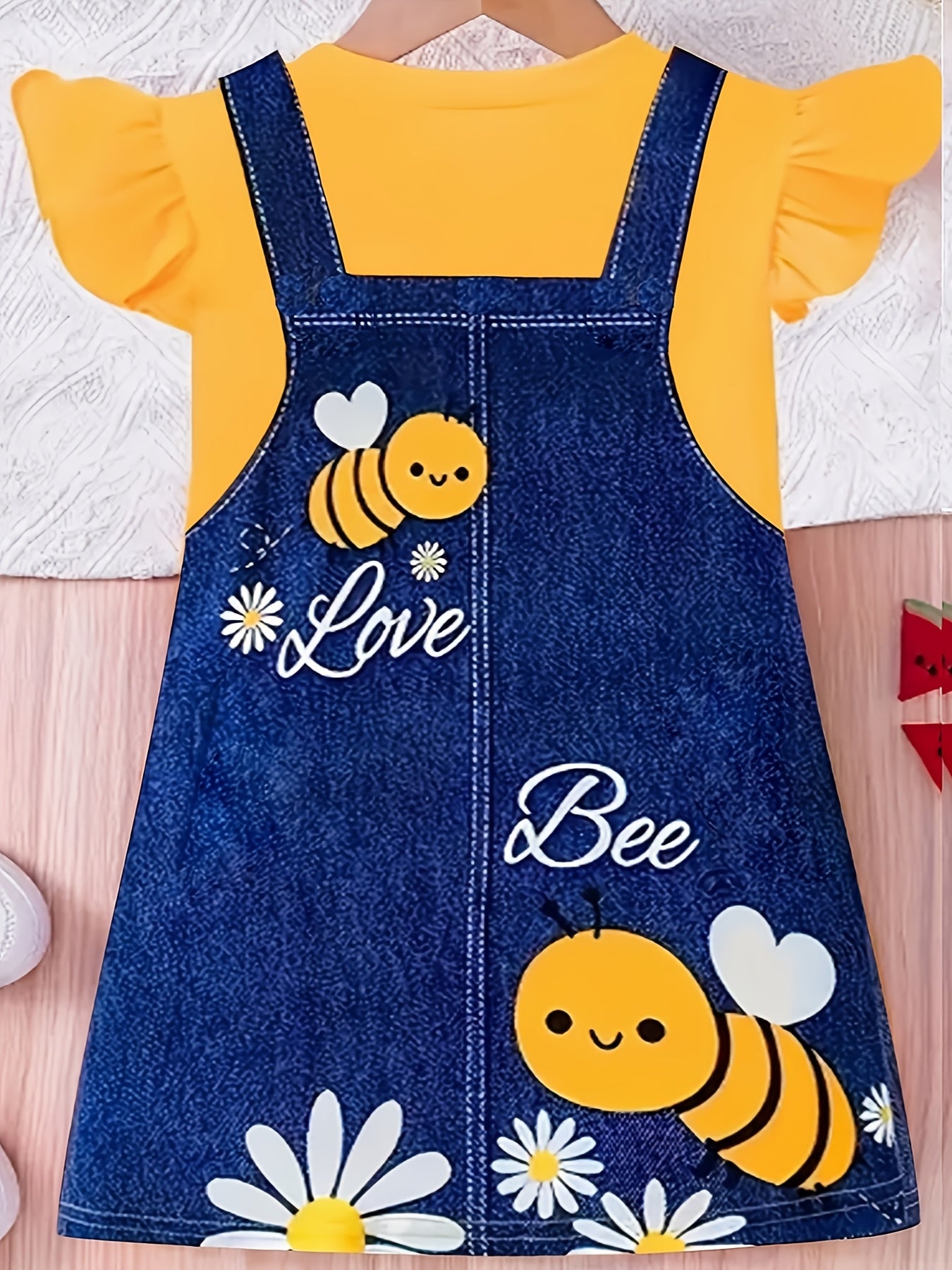 Adorable Girls' Summer Dress - Yellow Flying Sleeve Top with Cute Bee & Floral Print, Imitation Denim Casual Straight Skirt, Knee-Length, Easy-Care Polyester Blend, Two-piece, Digital Print