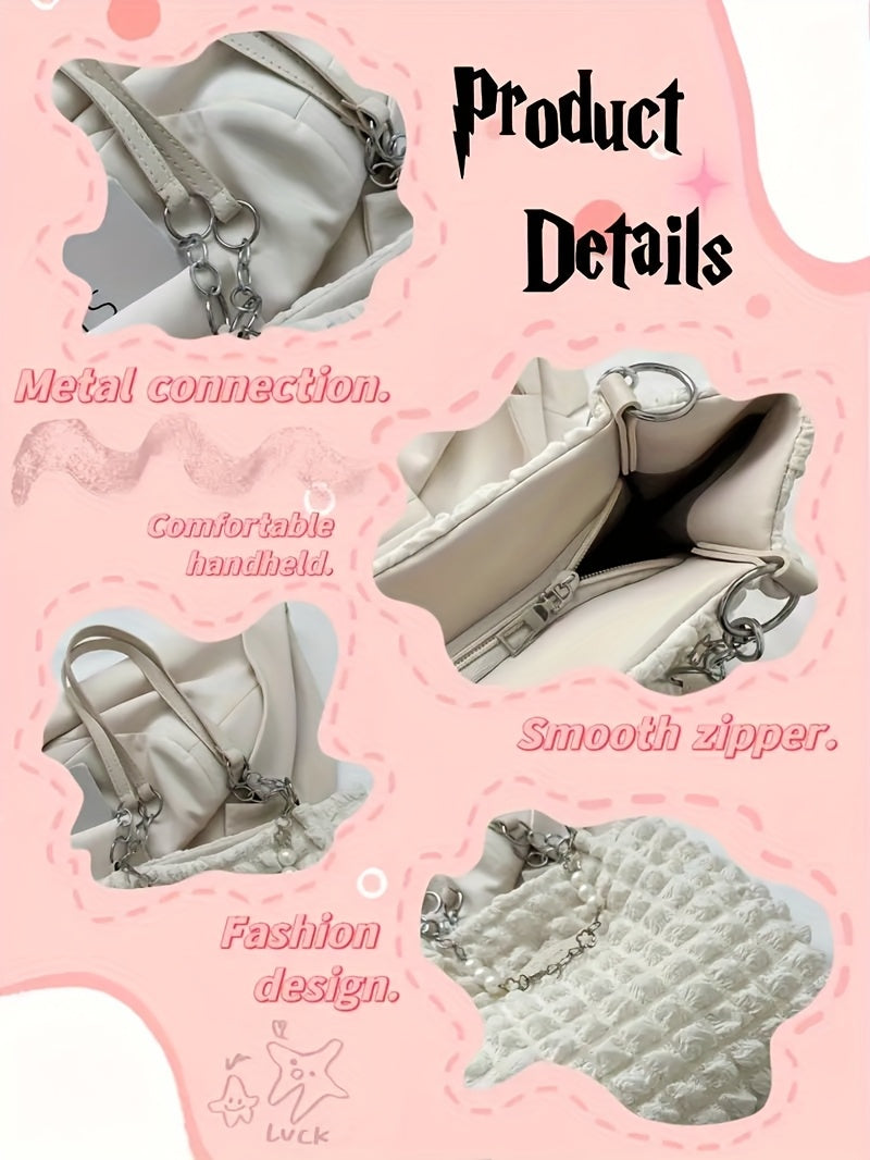 1pc Summer Sweet Clouds Tote Bag, Large Capacity Nylon Shoulder Bag for Women, Soft Handbag with Zipper Closure, 4 Colors (White/Pink/Green/Black), City Theme, Polyester Lining, Perfect for Commuting & Outings