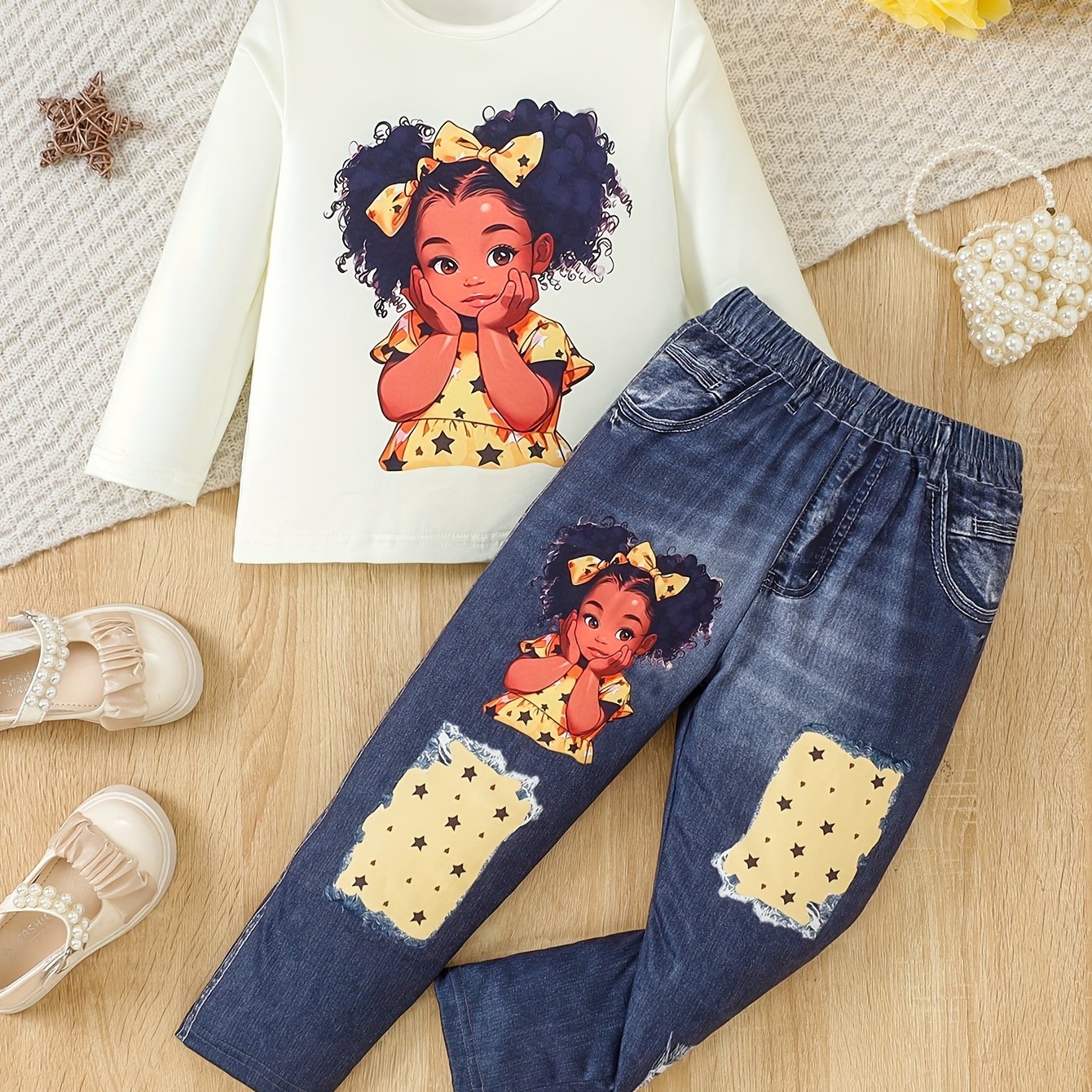 2Pcs Sweet Doll Print Suit Girl's outdoor Long-Sleeve Top + Imitation Denim Effect Leggings Set - Spring & Fall Clothes, Casual Outfits Holiday Sports Gift