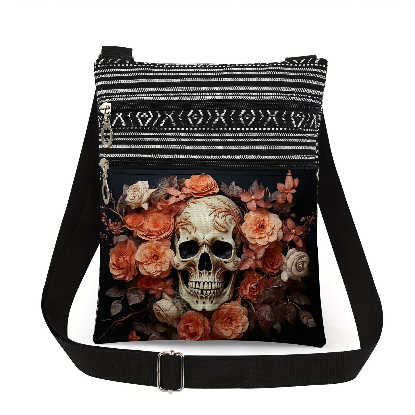 Stylish Skull Print Crossbody Bag with Adjustable Black & White Striped Strap - Durable Polyester, Handwash/Dry Clean, Ideal for Daily Commute, Small Crossbody Bag