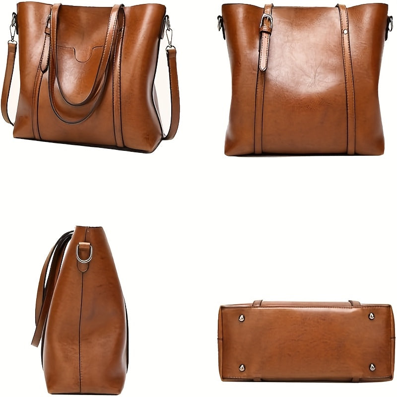 Elegant Brown Waxed Handbag for Women - Chic Single Shoulder Bag with Detachable Strap, Zip Closure & Polished Finish, Purse for Traveling, Ladies Handbag