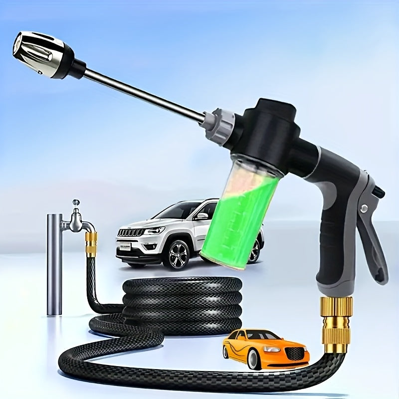 Universal 3/ 4 & 1/ 2 Inch Quick Connect Adapters Car Washing Water Gun - High-Pressure Multi-Purpose Garden Hose Nozzle with Foam Tank - Compact & Adjustable for Cars, Gardens, Pets & Outdoor Cleaning