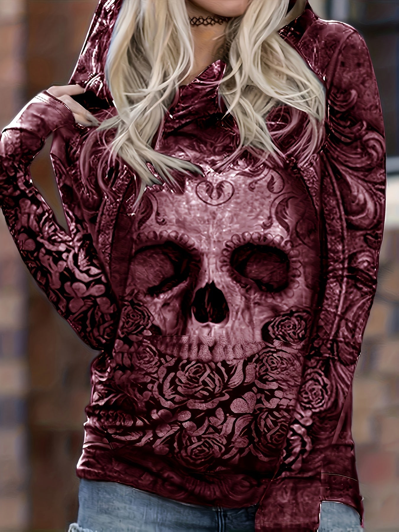 Skull Floral Hoodie - Ultra-Comfortable Casual Design, Long Sleeve for Added Warmth - Perfect for Spring and Fall Seasons, Designed Exclusively for Womens Clothing