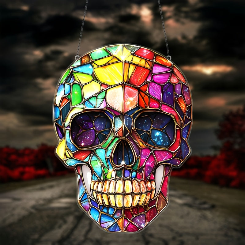 Sugar Skull Acrylic Sun Catcher - 8"x6" Stained Glass-Style Hanging Decor for Home, Garden, and Party - Perfect for Day of the Dead & Holiday Celebrations