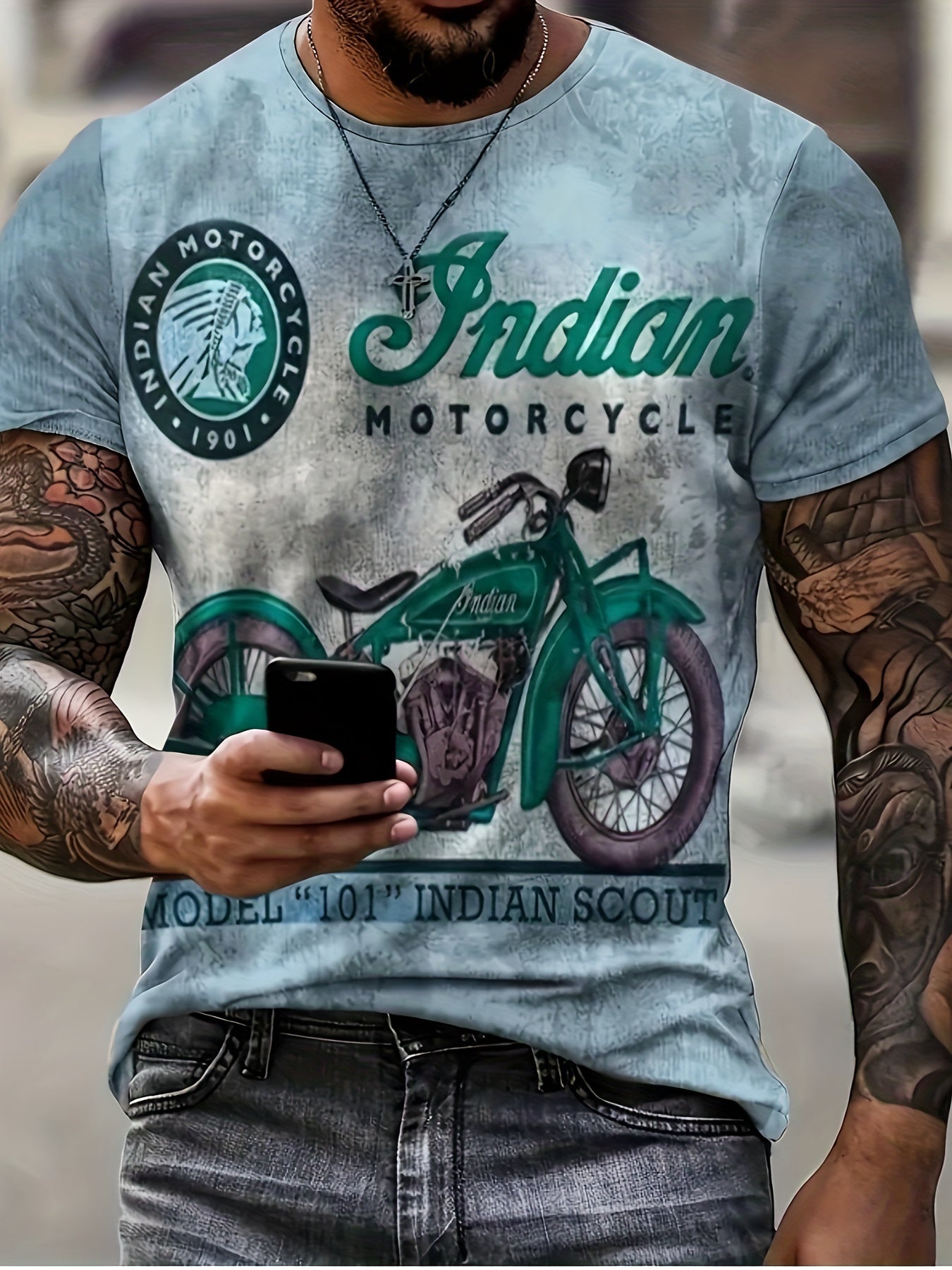 Men's Stylish And Retro Style Motorcycle Pattern And Alphabet Print T-shirt With Crew Neck And Short Sleeve, Fashionable Sports Tops For Summer Outdoors Activities