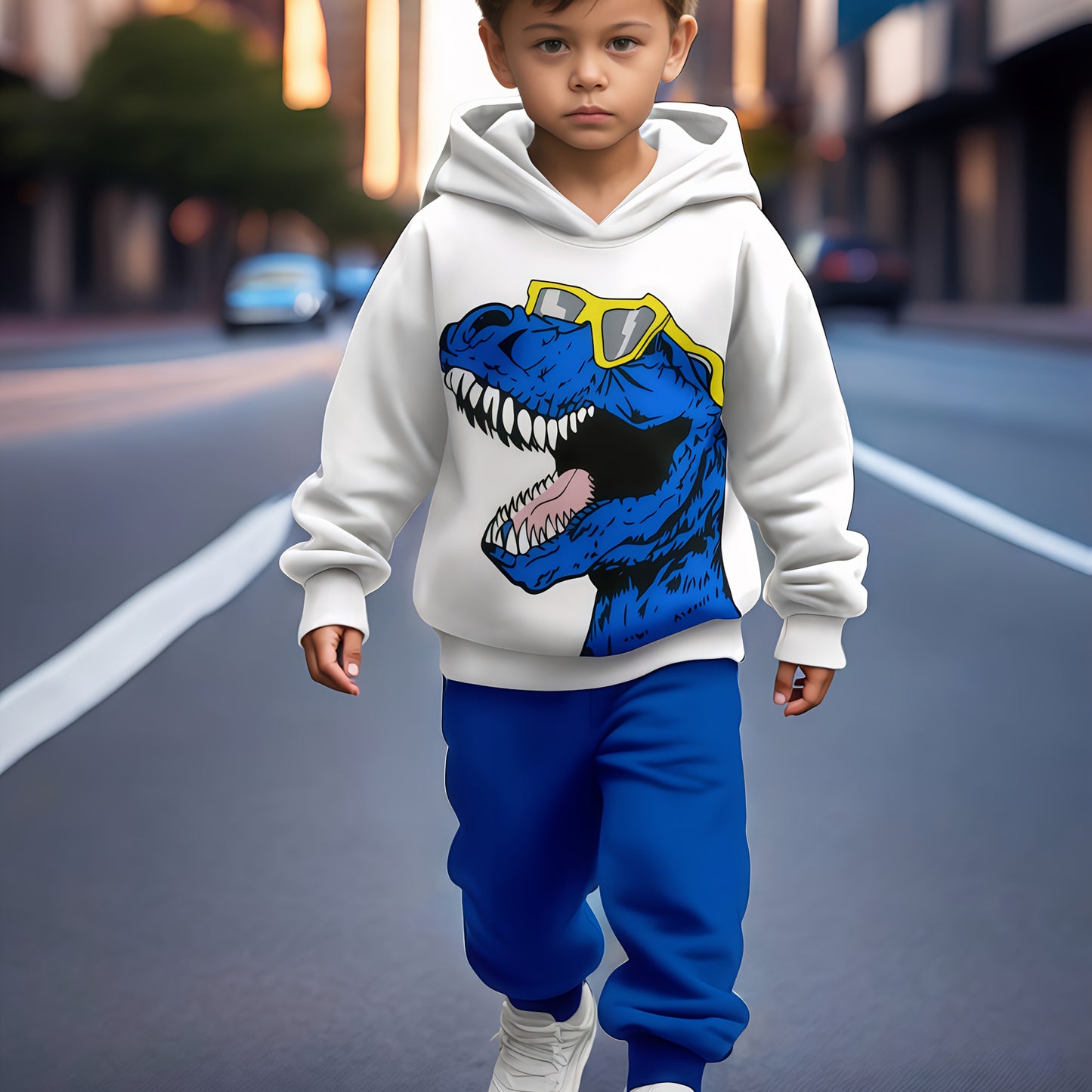 2pcs boy's cartoon dinosaur print sweatshirt sports suit, hooded sweatshirt + jogging pants sports Youngsters's clothing gift. Comfortable fabric, spring and autumn season, 2pcs sports sweatshirt set. Suitable for outdoor use