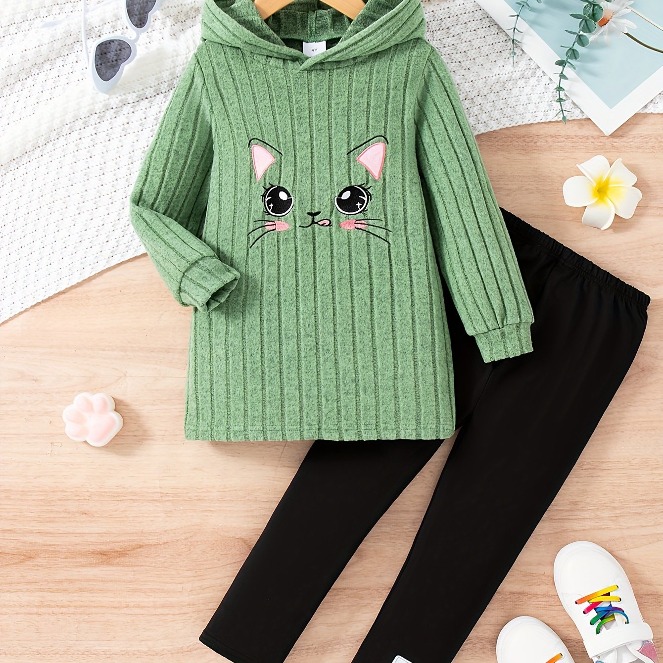 Cartoon Pattern Knit Set For Girls, Long Sleeve Top And Pants, Casual And Comfortable Outfit For Outdoor Activities in Spring And Autumn