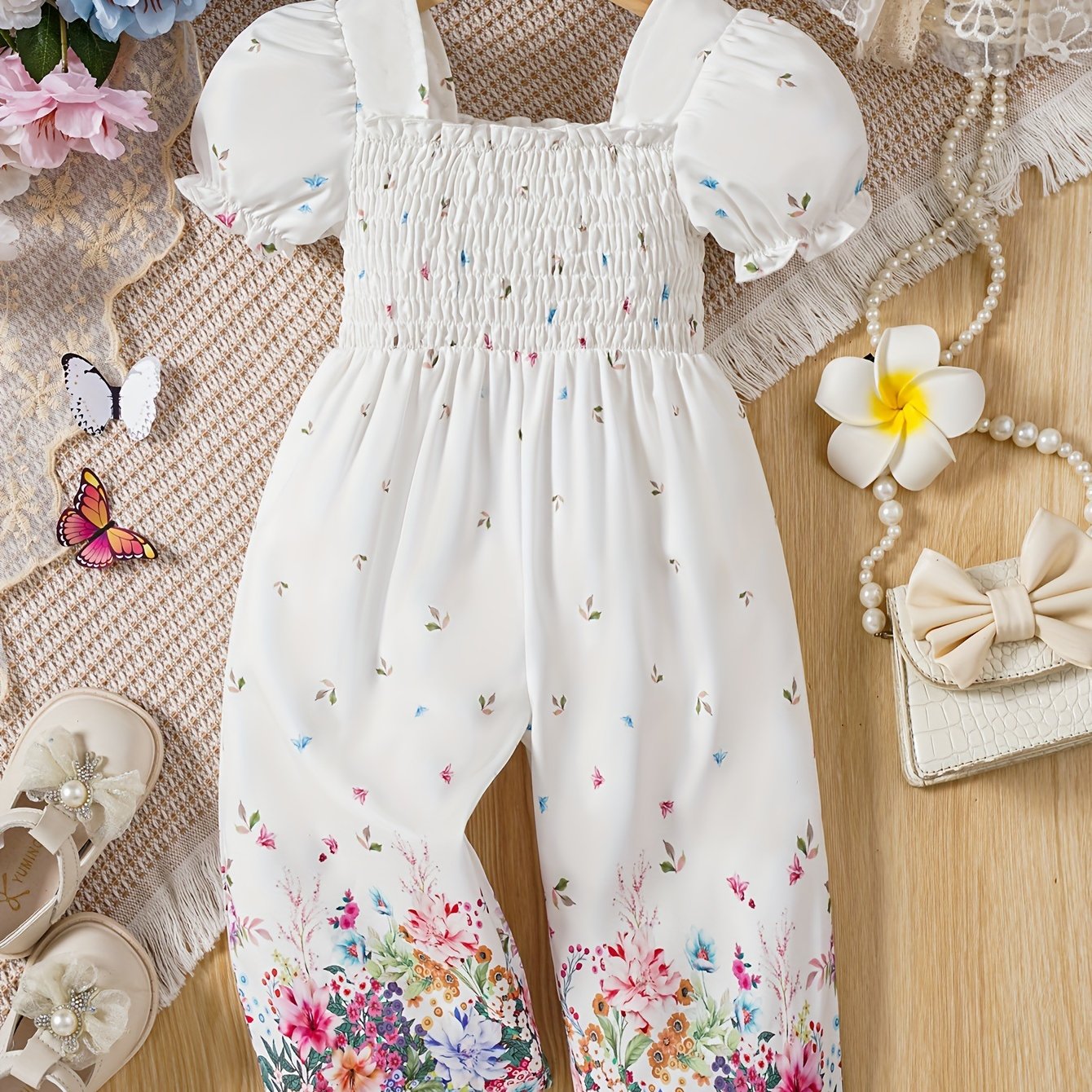 Baby's Flower Pattern Shirred Bodysuit, Casual Puff Sleeve Romper, Toddler & Infant Girl's Indoor And Outdoor Onesie For Spring Summer, As Gift