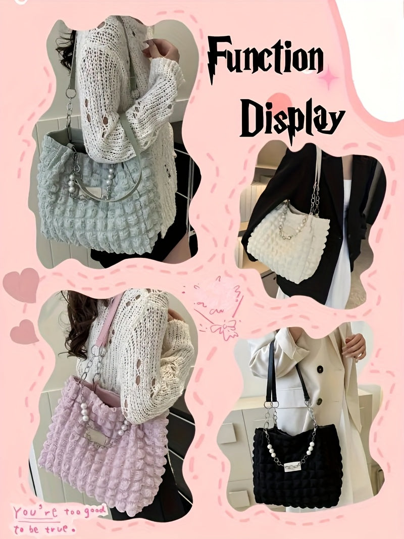 1pc Summer Sweet Clouds Tote Bag, Large Capacity Nylon Shoulder Bag for Women, Soft Handbag with Zipper Closure, 4 Colors (White/Pink/Green/Black), City Theme, Polyester Lining, Perfect for Commuting & Outings