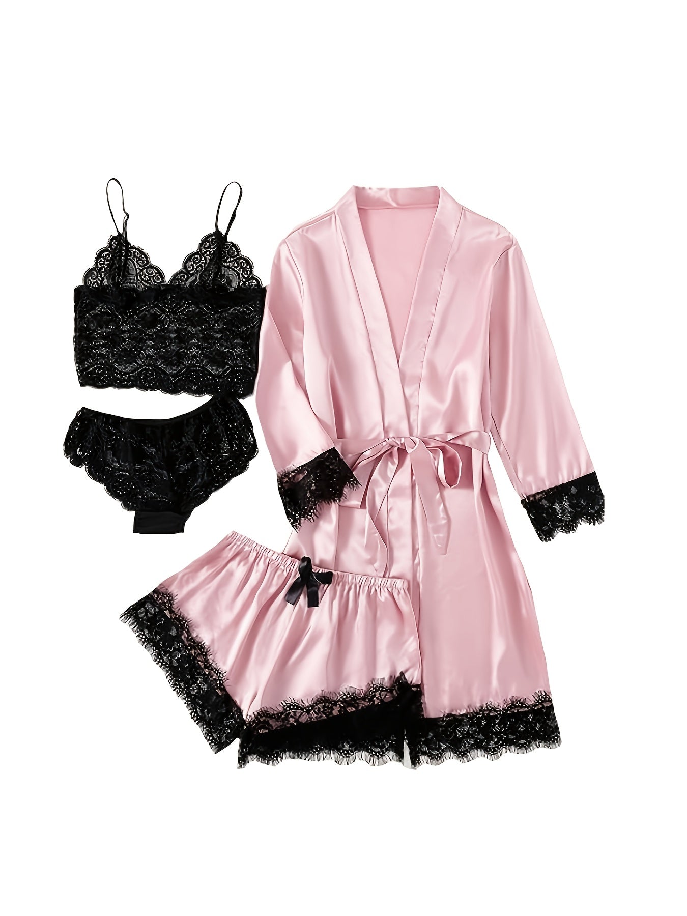 Women' Silk Satin Pajamas Set 4pcs Lingerie Floral Lace Cami Sleepwear with Robe Four-piece Pajamas Sexy Plus Size Robe Overall Dress Set Homewear