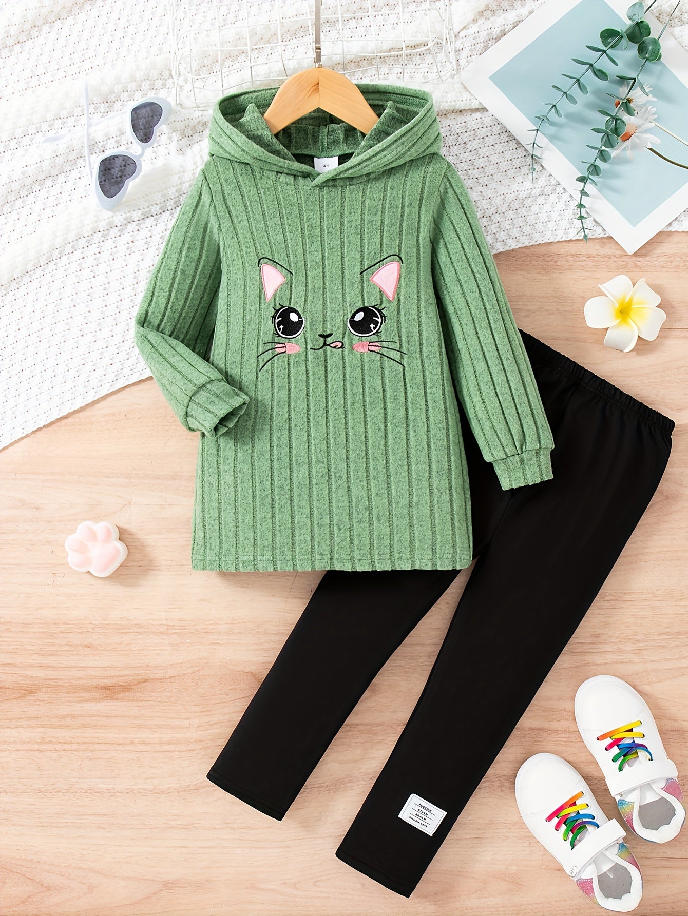 Cartoon Pattern Knit Set For Girls, Long Sleeve Top And Pants, Casual And Comfortable Outfit For Outdoor Activities in Spring And Autumn